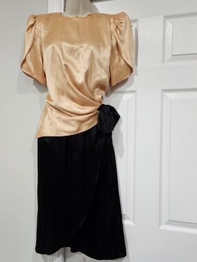 Vintage 80s Satin Two Color  Dress with Black  Skirt